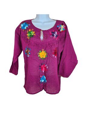 Handmade Mexican Blouse Floral Embroidery Fuchsia Lightweight Size M